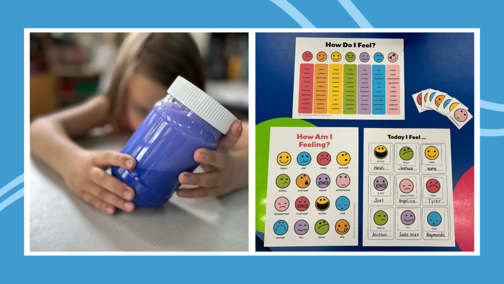 Examples of social emotional learning activities including a girl holding a DIY calm down jar and printable feelings charts in a classroom.