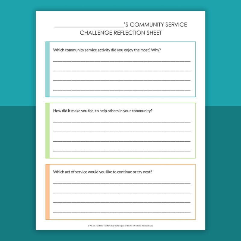 community service reflection sheet with three questions and writing lines