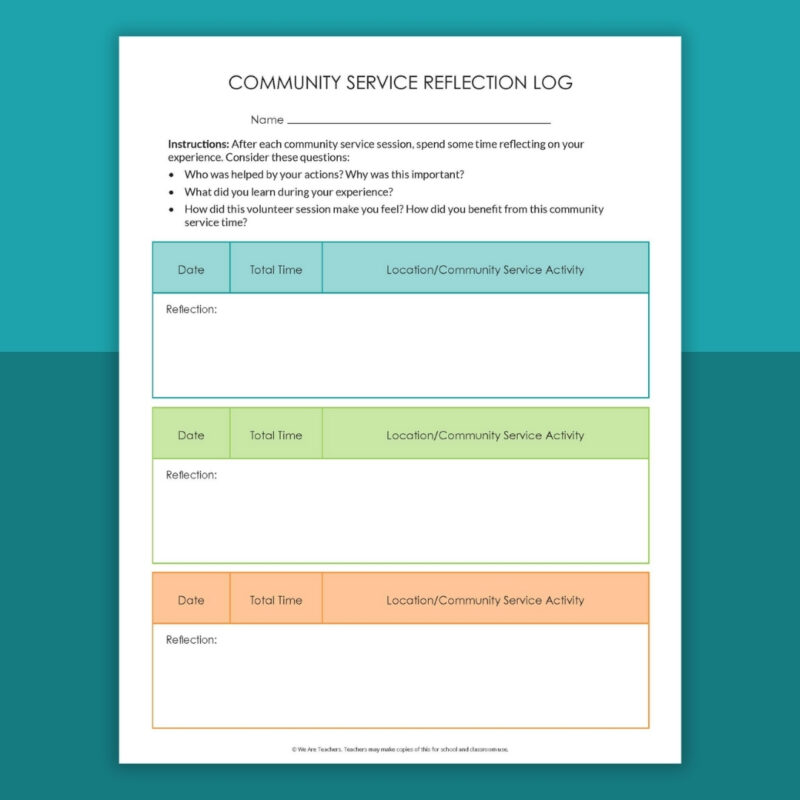 community service log with space to write 