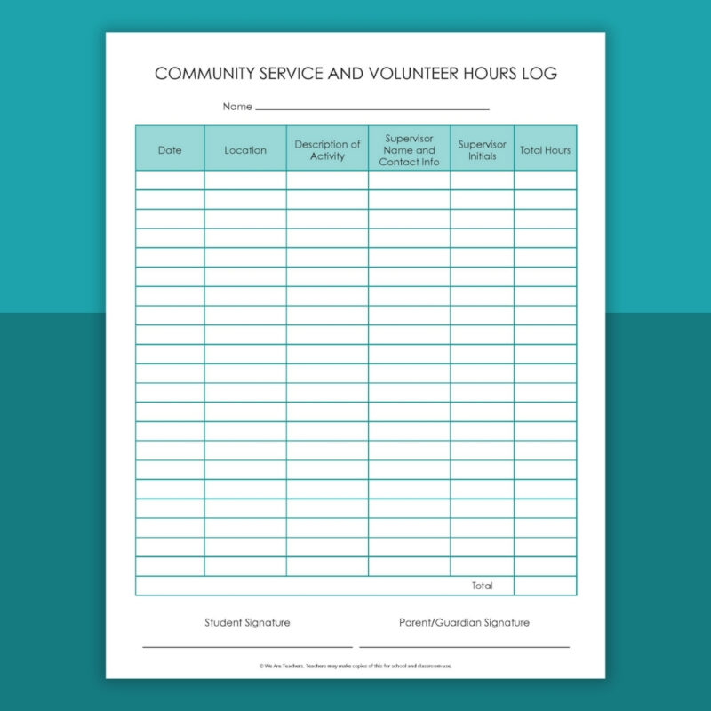 community service log with space for activity and time spent in each 
