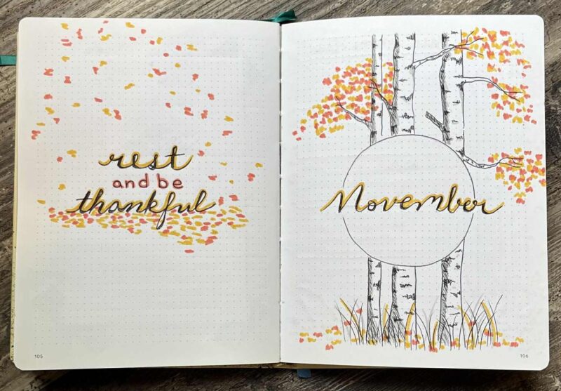 Bullet Journal Ideas: Theme Bullet Journal spread for November, with sketches and inspirational message