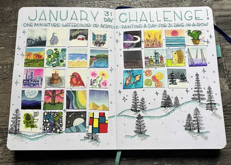 Bullet Journal: Monthly Challenge Bullet journal spread showing one small watercolor sketch per day