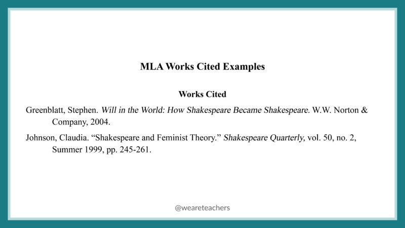 MLA Works Cited Example Example of MLA style words cited entry.