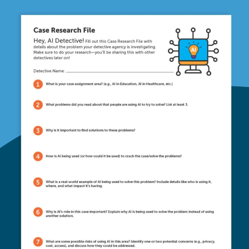 Free Lesson Plan: How AI is Solving Real-World Problems Image of the Case File page from the AI Detectives lesson plan