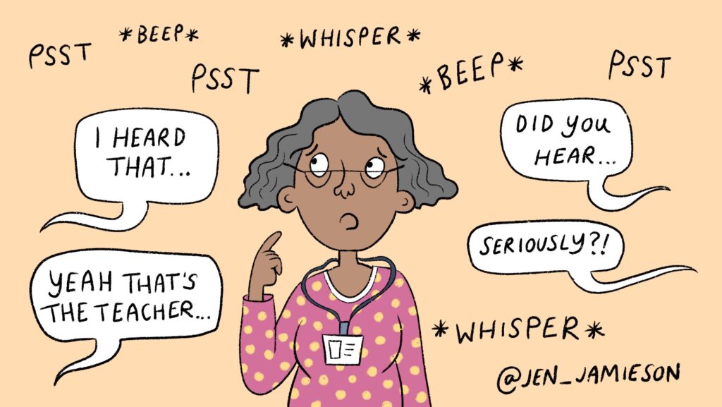 Illustration of teacher struggling to manage parent gossip