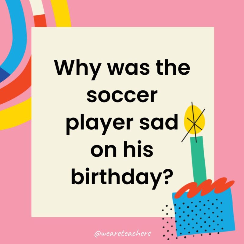 Birthday Jokes for Kids a birthday frame with the joke: Why was the soccer player sad on his birthday?