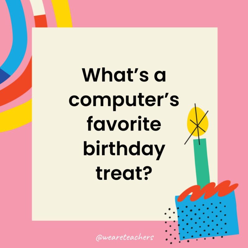 Birthday Jokes for Kids a birthday frame with the joke: What’s a computer’s favorite birthday treat?
