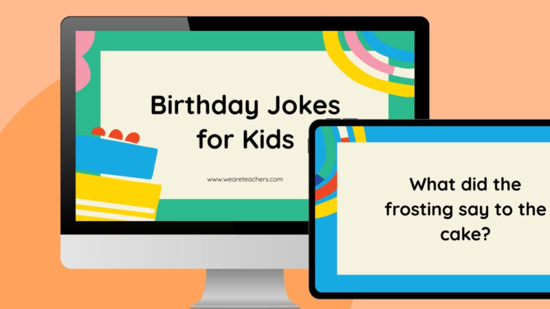 Birthday Jokes for Kids a computer screen and ipad screen with two example slides from the free birthday jokes for kids google slides
