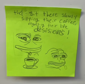 Student illustration on Post-It of what people in their 40s do for fun