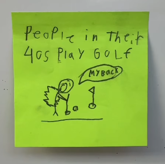 Student illustration on Post-It of what people in their 40s do for fun