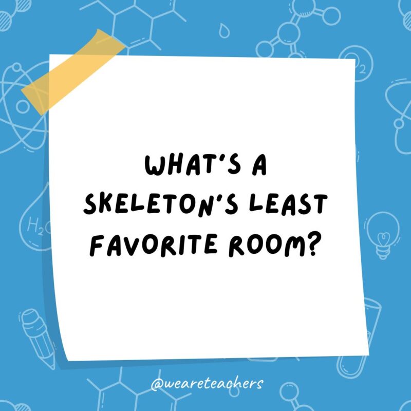 a post it note clipart with the joke: what’s a skeleton’s least favorite room?