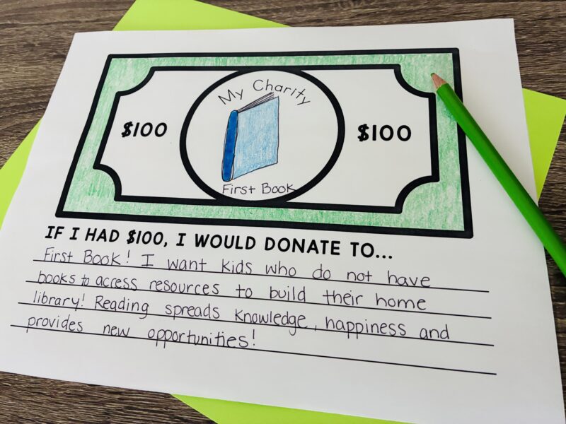 an image of a printable worksheet with the writing prompt: if I had $100, I would donate to... and the student work explains that they would donate to first book and why with a book illustration