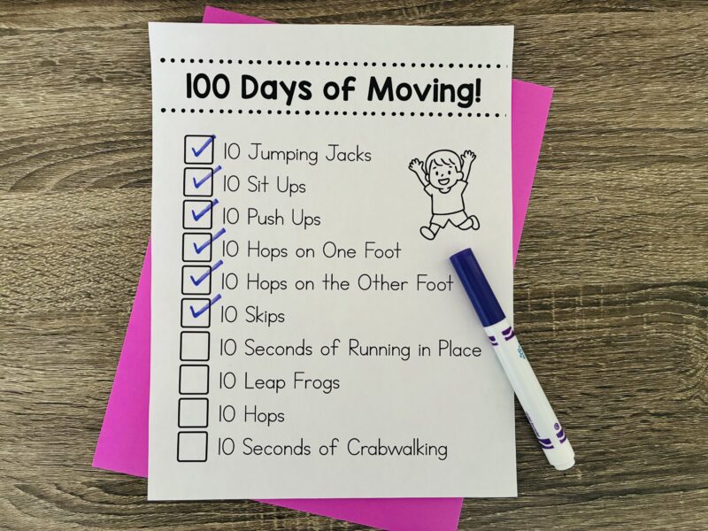 a checklist worksheet where students can keep track of all their different movements to celebrate the 100th day of school