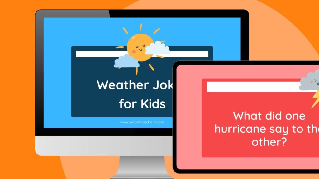 an image of a computer screen and an ipad screen with a slide with weather jokes for kids