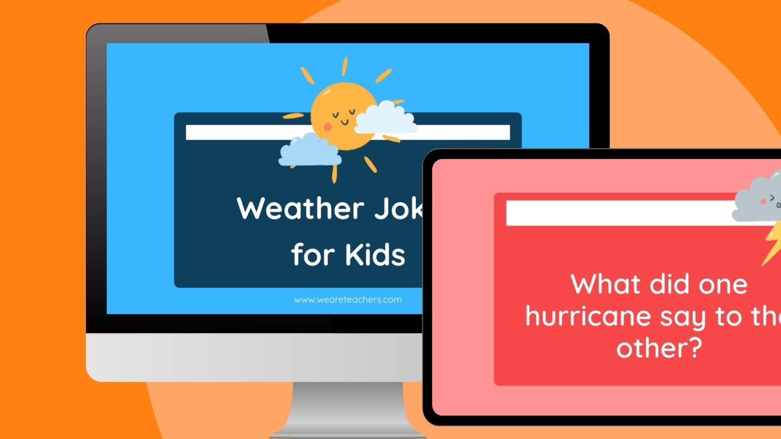Weather Jokes for Kids an image of a computer screen and an ipad screen with a slide with weather jokes for kids