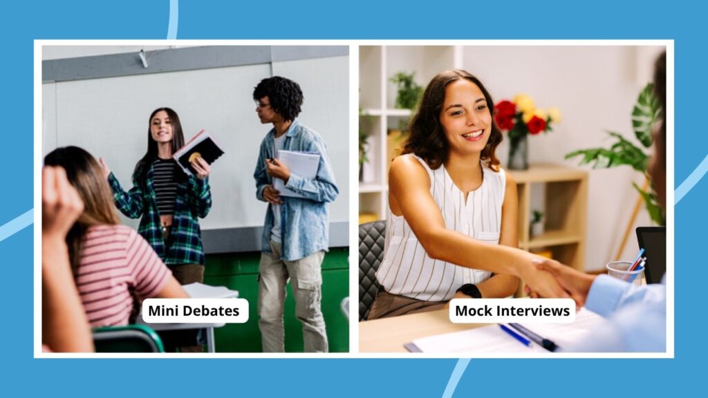two examples of career readiness activities: two students having a mini debate and a student having a mock interview