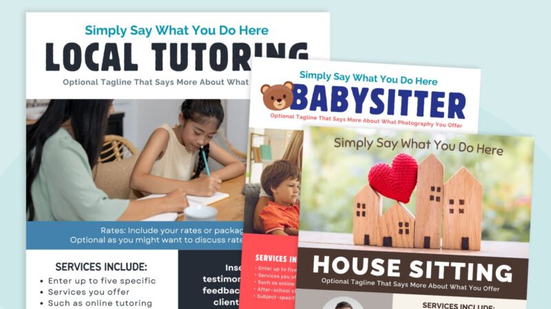 an image of three example flyer templates teachers can use to promote tutoring or other side hustles