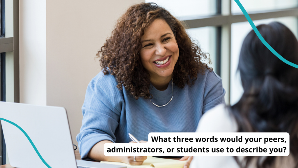 Woman with curly har and a blue sweater for article on most common teacher interview questions list.