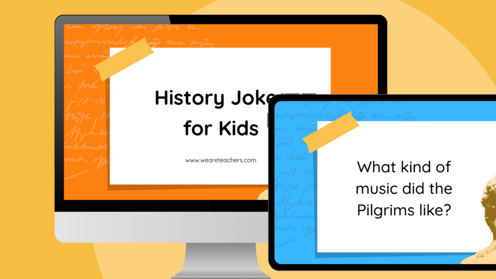 an image of a computer and ipad screen featuring history jokes for kids Google Slides