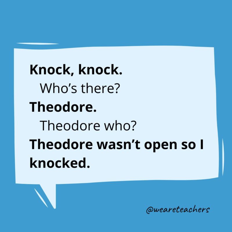 a yellow conversation bubble with the knock knock joke for kids: Knock, knock.
   Who’s there?
Theodore.
   Theodore who?
Theodore wasn’t open so I knocked.
