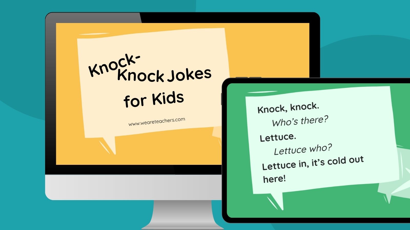 an image of a computer and ipad screen with two google slide examples of knock knock jokes for kids