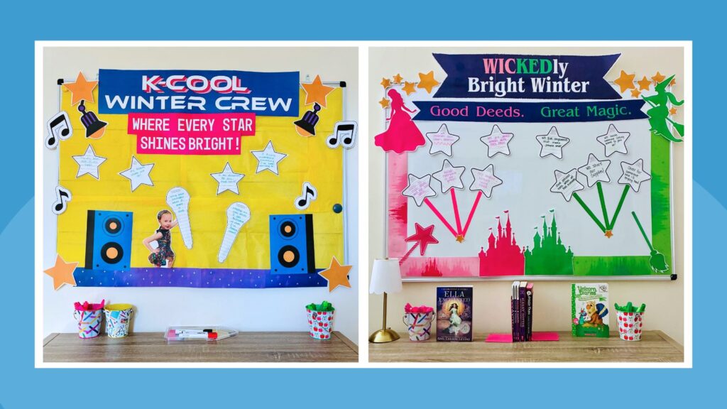 a featured image of two winter bulletin boards that feature k-cool winter crew and wickedly bright winter themes