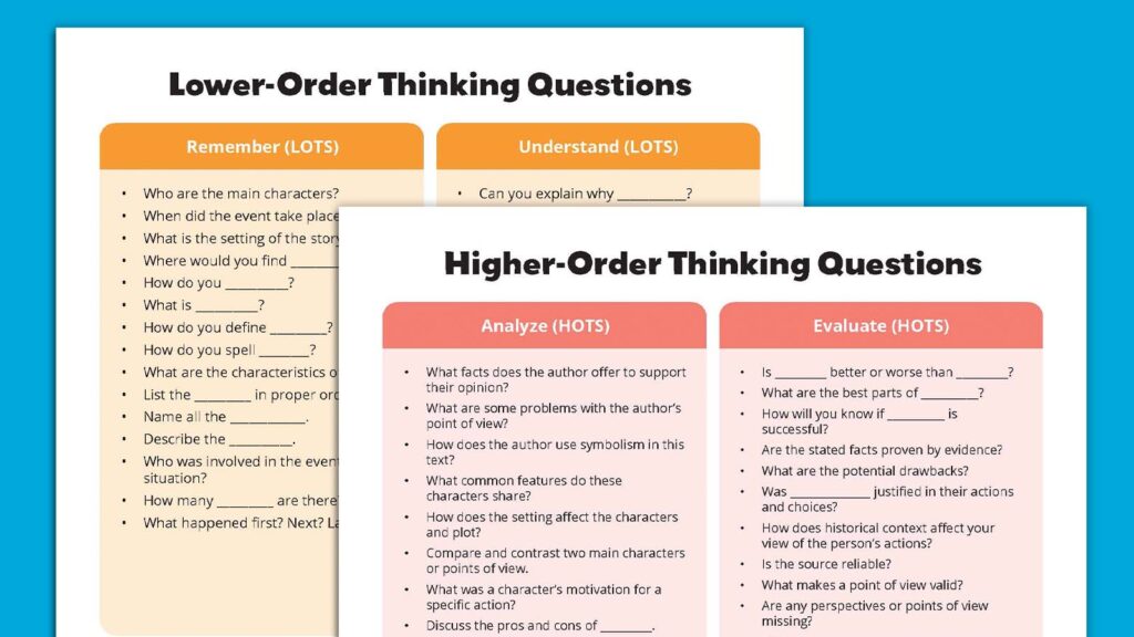 Lower and Higher Order Critical Thinking Questions printables