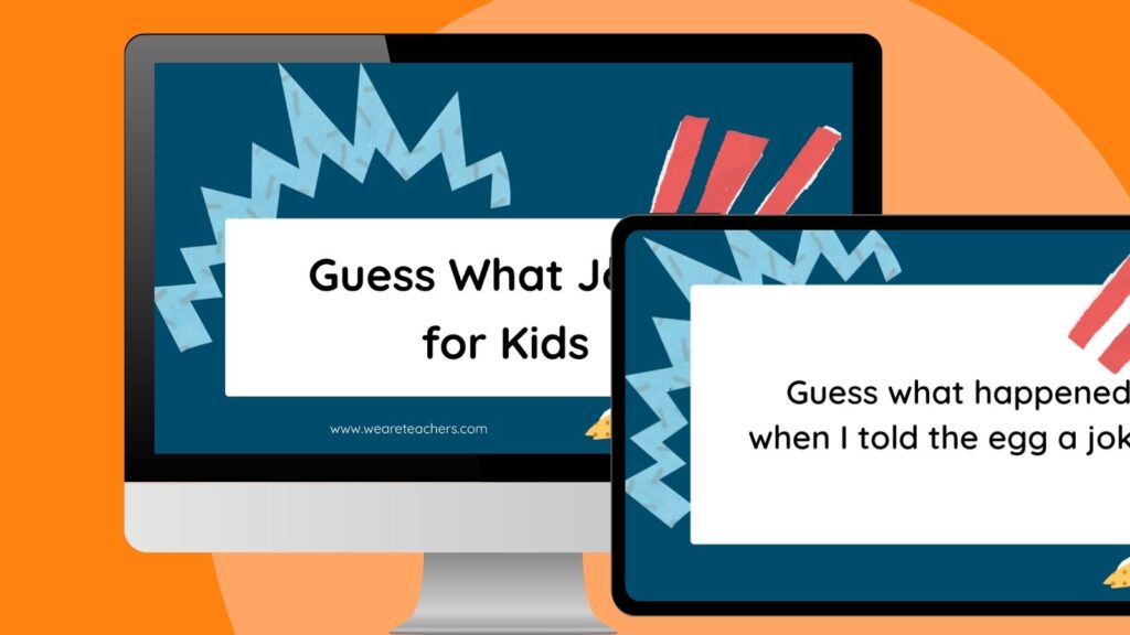 an image of a computer and ipad screen featuring guess what jokes for kids Google Slides