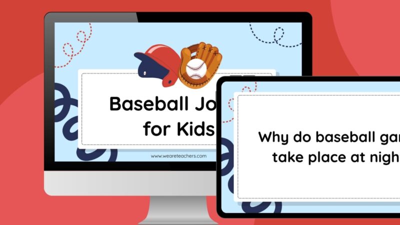 Baseball Jokes an image of a computer and ipad screen featuring two baseball jokes slides