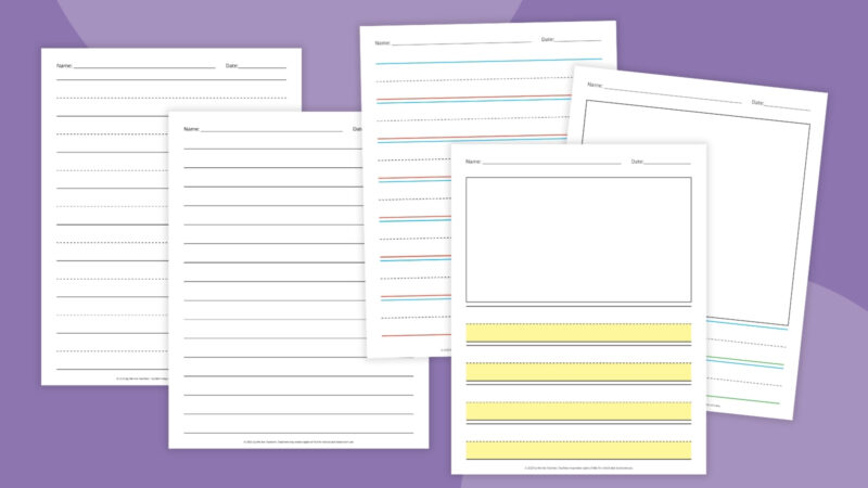 Lined Writing Paper Feature Lined writing paper pages on a purple background