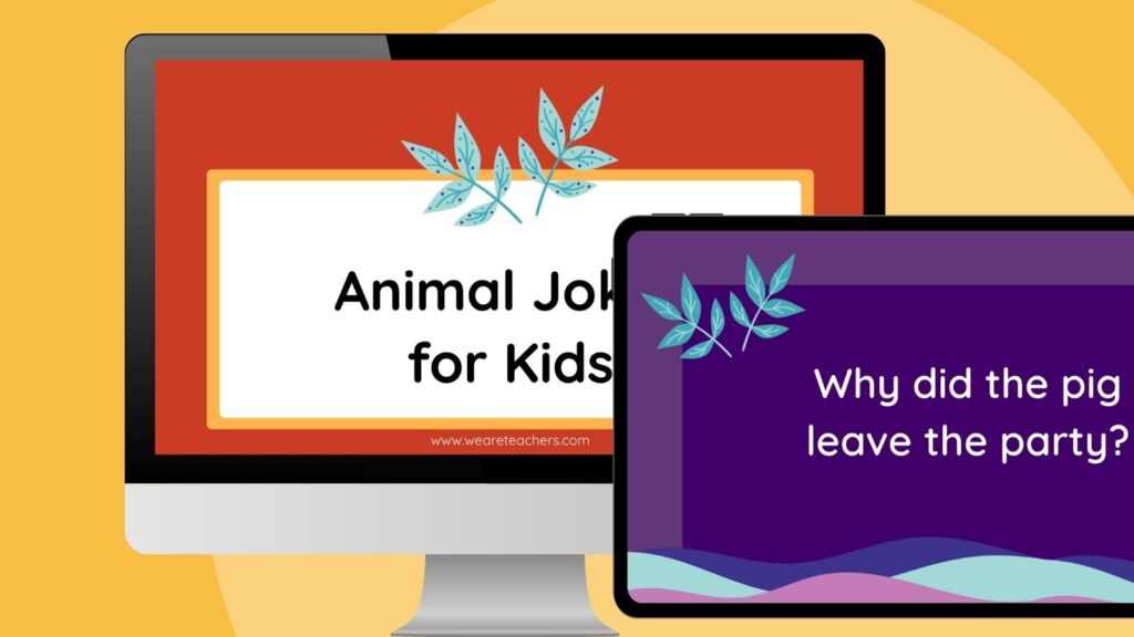 an image of a computer and ipad screen with an animal jokes for kids Google slides