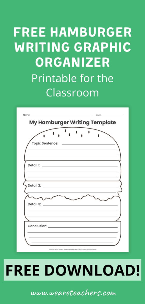 Hamburger Writing Graphic Organizer a Pinterest pin highlighting a hamburger writing template printable for students