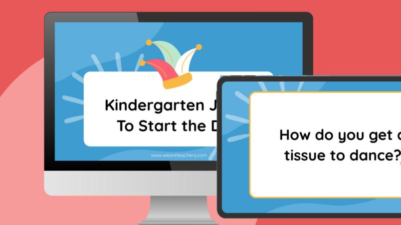 Best Jokes for Kindergarteners an image of a computer and tablet screen with slides from 275 kindergarten jokes to start the day