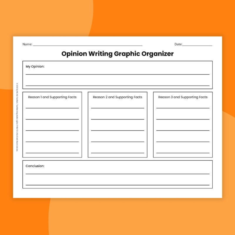 Opinion Writing Graphic Organizer All-in-one opinion writing graphic organizer page on an orange background