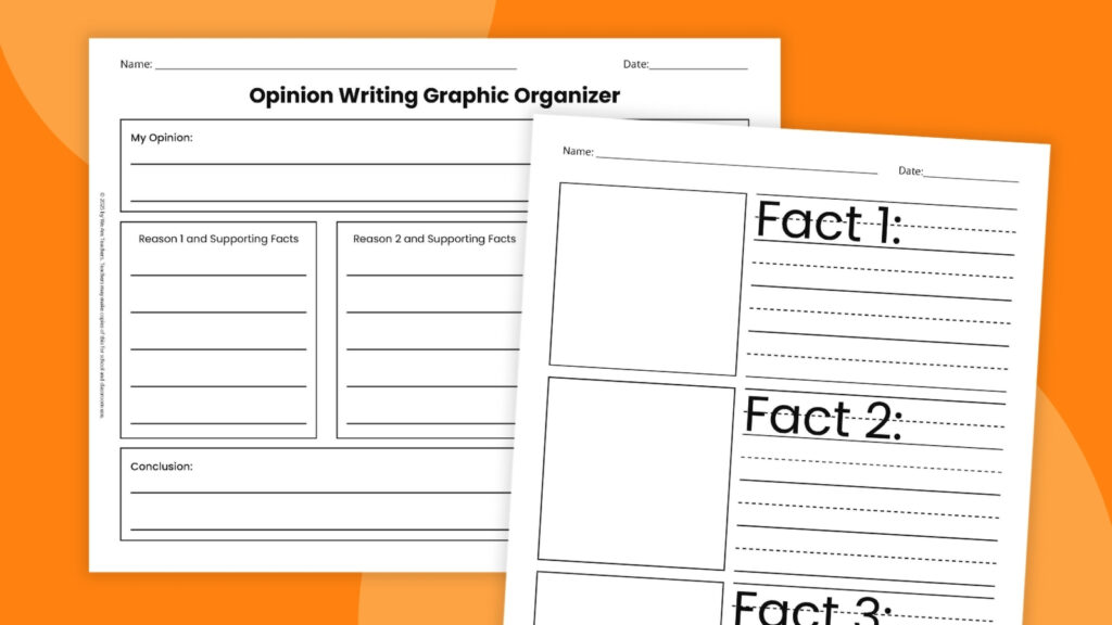 Two-page opinion writing graphic organizer on an orange background