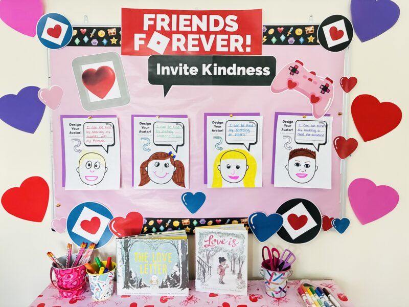 Valentine’s Day Bulletin Board an image of a Valentine's Day bulletin board featuring roblox friends forever