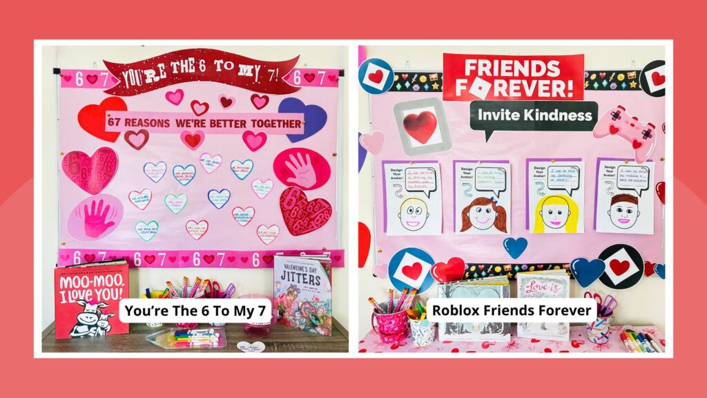a featured image of two Valentine's Day bulletin board ideas featuring a 6-7 themed bulletin board and a video gamed themed bulletin board