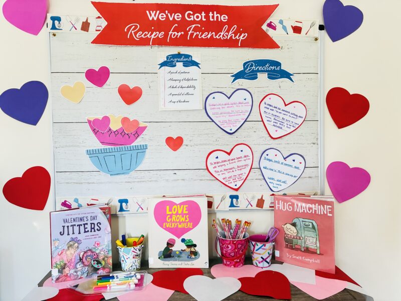 Valentine’s Day Bulletin Board an image of a Valentine's Day bulletin board featuring a recipe for friendship
