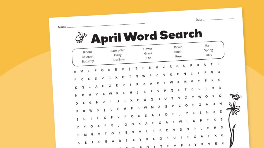 an image of an April fools printable word search in front of a yellow background