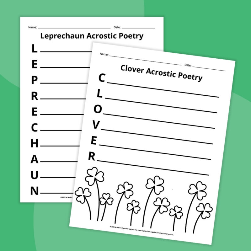 acrostic poem pages with the words leprechan and clover 