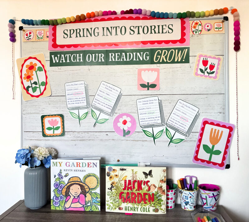 an image of a spring bulletin board that incorporates student reading responses