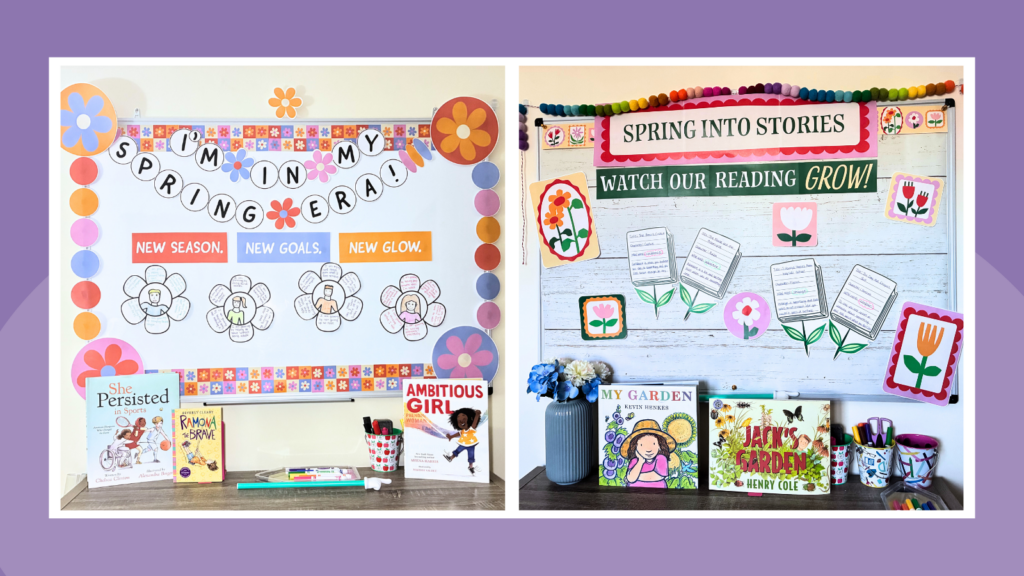 a featured image of two spring bulletin board examples that include a spring into reading and spring era themes