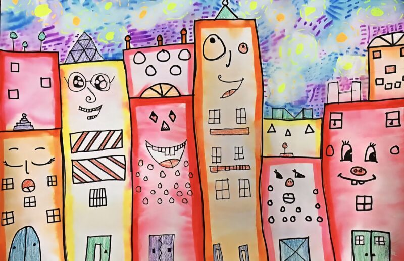 Colorful, smiling city buildings in a row