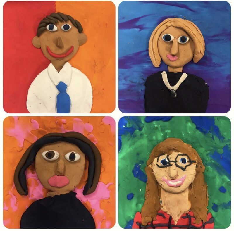 Self-portraits of 5th grade art students made of clay