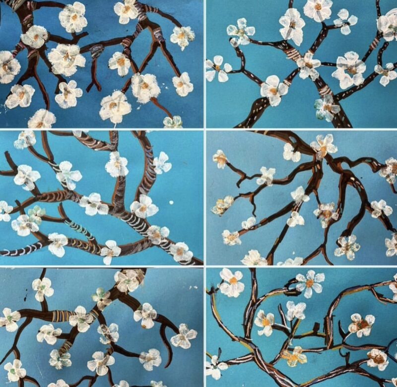 Van Gogh style blooming branches on blue backgrounds
