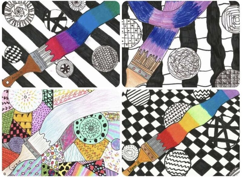 Black and white designs with colorful paint brush strokes drawn overtop