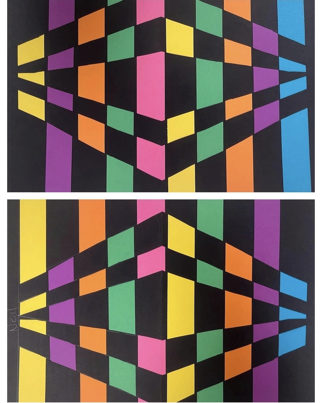 Paper weaving project with black and colored strips of paper in a geometric design