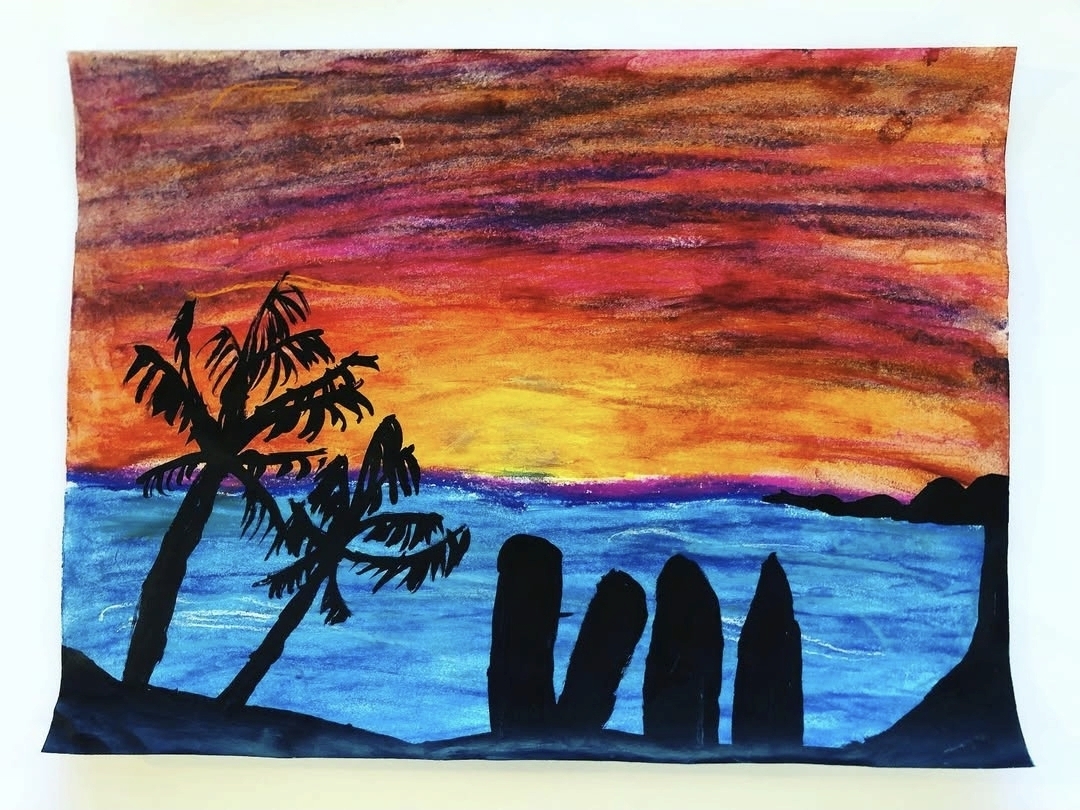 Sun setting over the sea, drawn in blended chalk pastels and black silhouette
