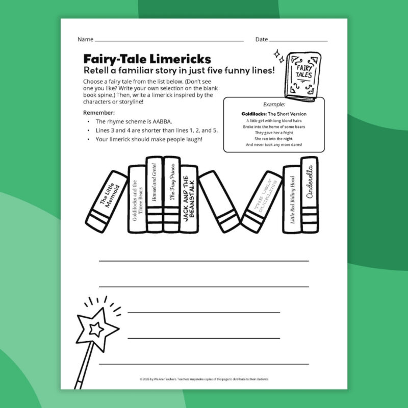 Printable limerick fairy tale worksheet