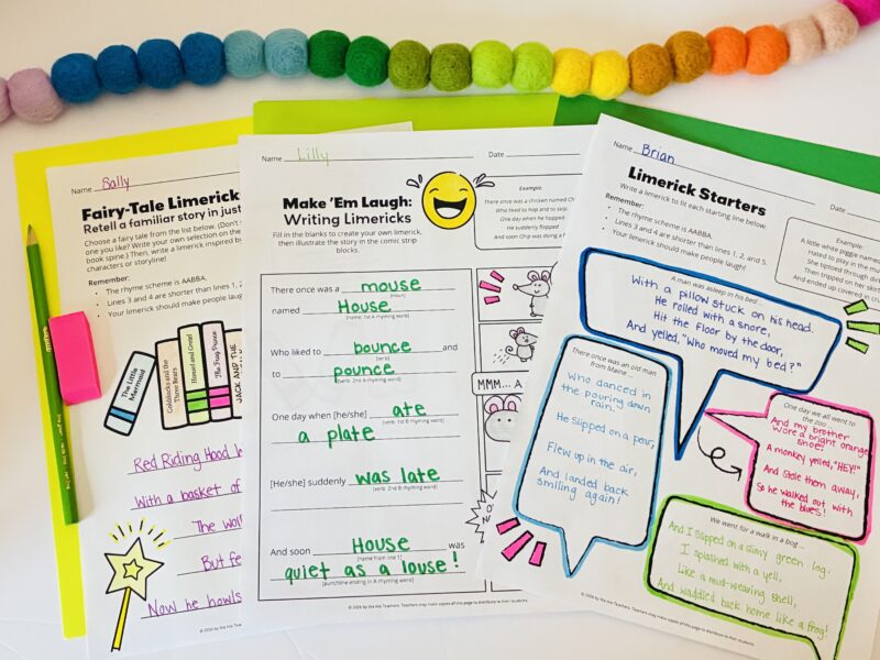 an image of three student examples of limerick worksheets